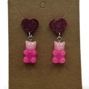 Glitter Heart Stud Earrings with Dangling Gummy Bear Charm - Handmade Resin Earrings inexpensive jewelry