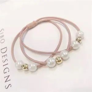 Multi Layer Hair Rings with Pearls, Elastic Ties, and Rope Hairbands Pink Hair Tie with Pearl Rubber Band & Gold Accents Hair Accessories for Girls Stylish and Functional