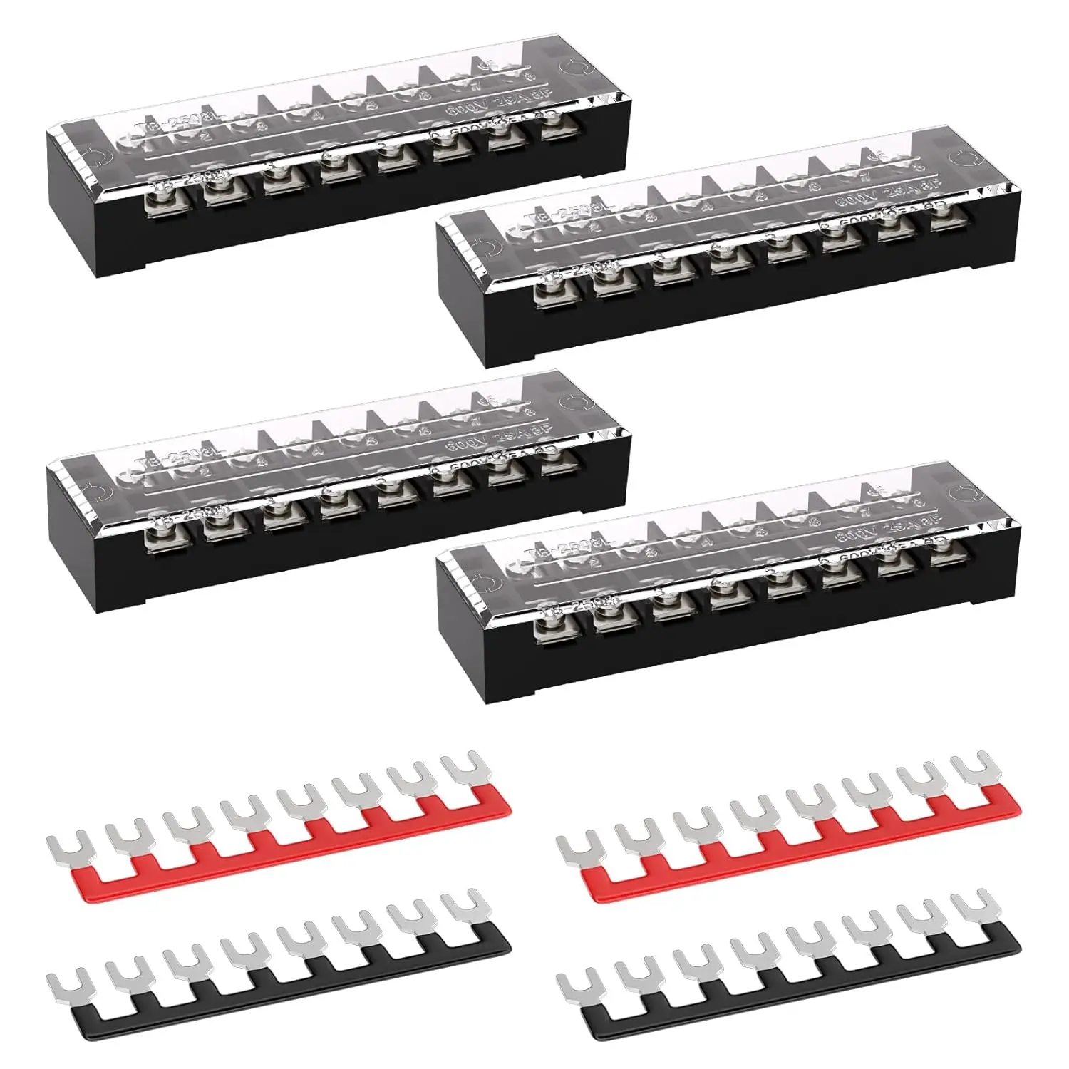 25A Screw Terminal Block Covered 8 Position Dual Row 8 Position Pre-Insulated Terminal Barrier Strips (4PCS 25A 8P+4PCS Wiring Strips)