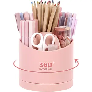 SKYDUE Desk Organizer, 360-Degree Rotating Pencil Pen Holder for Desk, Cute Desk Organizers and Accessories with 7 Slots, Desktop Organizer, Art Supply Storage, Classroom Office Supplies Pink