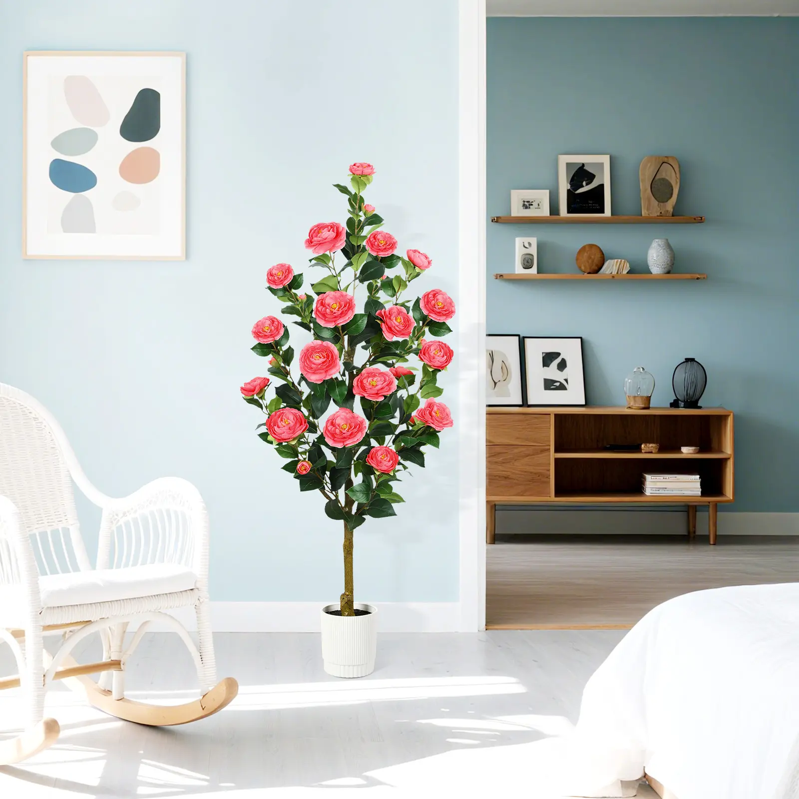 SHareconn 2-Pack 3/4FT Artificial Camellia Trees with Blooming Flowers Lifelike Faux Plants for Indoor Outdoor Home Decor No Maintenance Needed