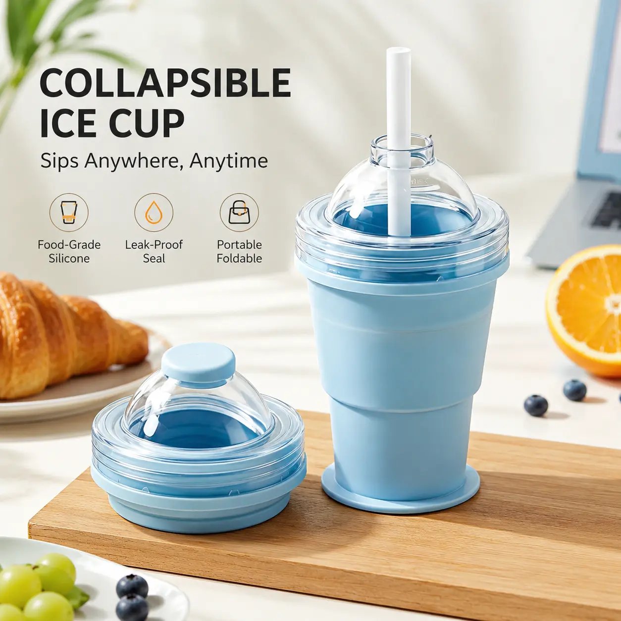1 Count, Foldable Silicone Ice Ball Straw Cup, Food Grade, Leak Proof, Portable for Travel, Camping, Car and Daily Cold Beverage Use