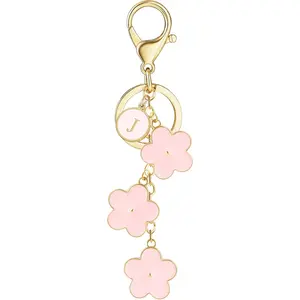 Women's Initial Keychain White/Pink/Black Flower Charms for Key Cute Letter Keyring for Handbag Backpack Accessories