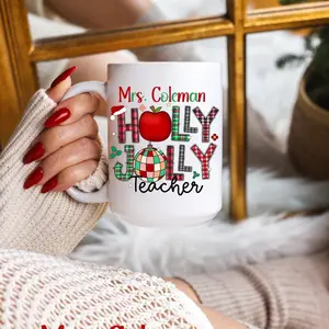 Personalized Christmas Coffee Mug, Teacher Gift, Custom Holiday Mug, Xmas Ceramic Cup, Present for Educator, Santa Mug