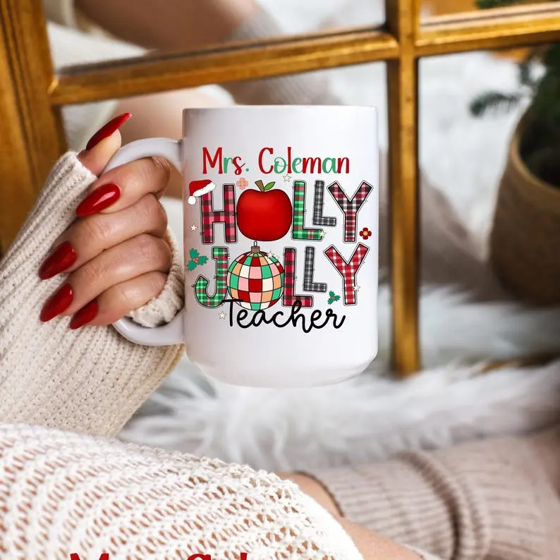 Personalized Christmas Coffee Mug, Teacher Gift, Custom Holiday Mug, Xmas Ceramic Cup, Present for Educator, Santa Mug