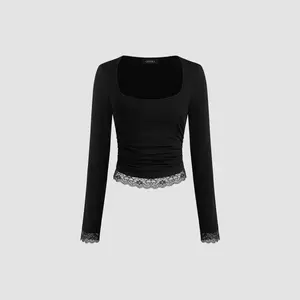 Cider [size 2-10] Square Neck Solid Lace Trim Ruched Long Sleeve Tee