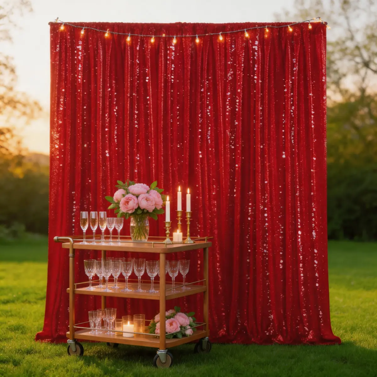 Shiny Round Red Sequin Mesh Backdrop Curtain - Single Panel (7ft x 7ft), Dry Clean Only, Festive Ceremony Indoor Decor, Photo Prop with Pocket for Weddings, Anniversaries, Baby Showers