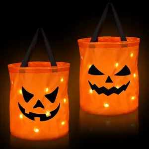 2 Pcs 12 x 10 Inches Light LED Halloween Trick or Treat Bucket Candy Pumpkin Large Bags Collapsible Ghost Multipurpose Reusable Halloween Basket Birthday Party Goodie