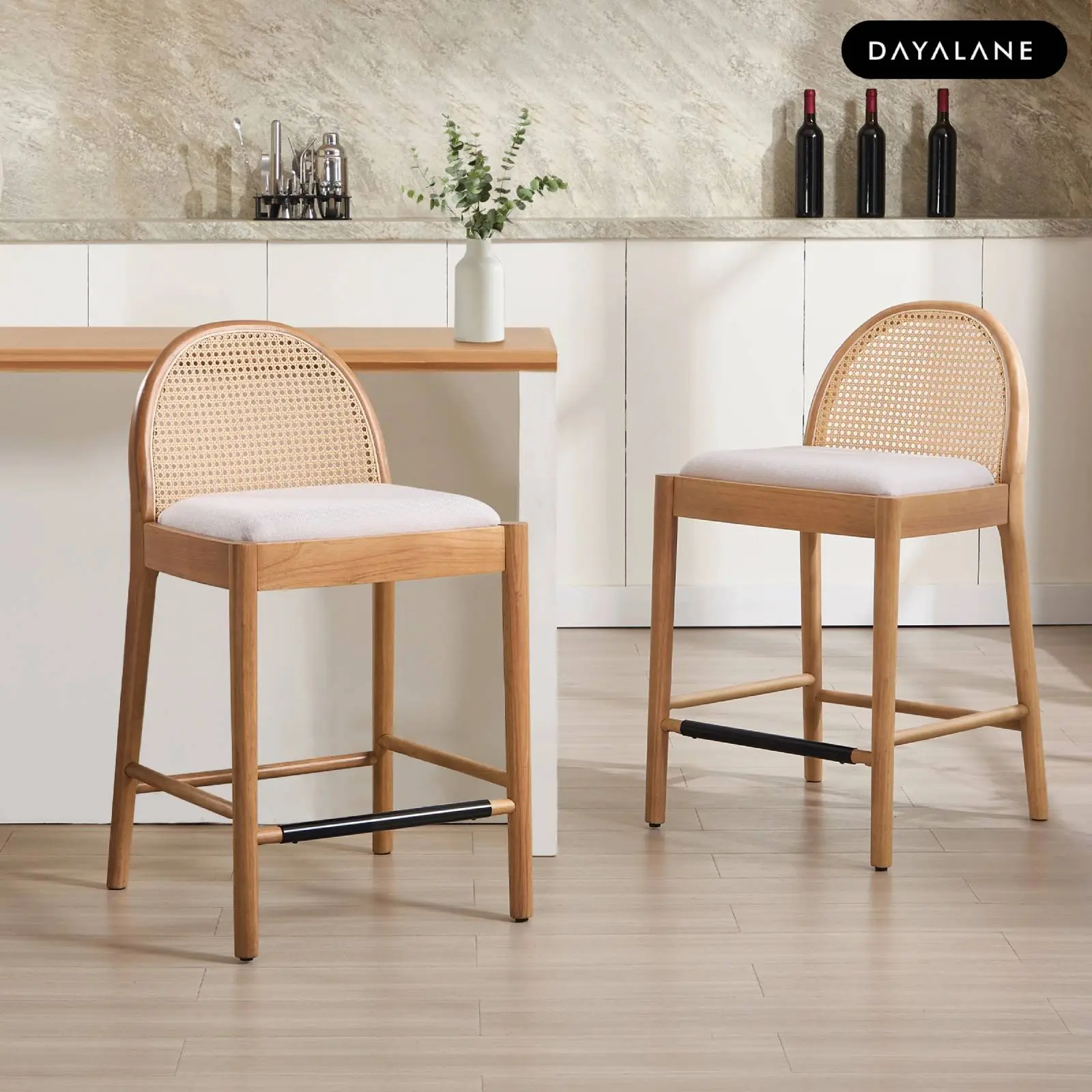 [SummerFinds]DAYALANE Modern Salem Rattan Bar Stools Set of 2 - Beige Black White Gray - Counter Height Barstools with Wood Legs for Kitchens - Elegant Rattan Backrest & Festive Dining Room Chairs