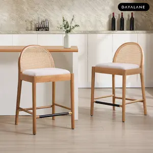 【Valentines'Day】DAYALANE Modern Salem Rattan Bar Stools Set of 2 - Beige Black White Gray - Counter Height Barstools with Wood Legs for Kitchens - Elegant Rattan Backrest & Festive Dining Room Chairs