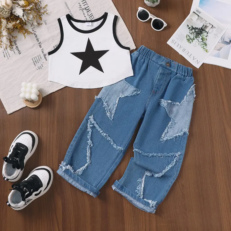 Ready Stock 4Y,5Y,6Y,7Y Girls' Star Graphic Tank Top & Distressed Star Patch Denim Jeans Set 22501049