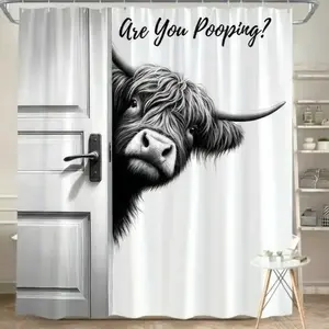 Funny Highland Cow Shower Curtain "Are You Pooping?" Hilarious 70x70" Bathroom Decor Gag Gift for Enthusiasts