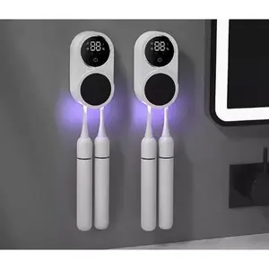 2-Slot Classic Wall Mount UV Toothbrush Sterilizer, Home Bathroom Organizer with Intelligent Induction Opening-Closing, LED Smart Screen, Rechargeable USB Power, Detachable Traceless Holder, Auto Dry, Durable