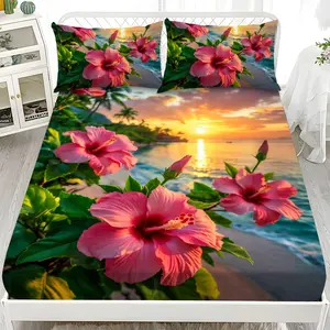 Bed Sheet Set - 3-Piece 2D Flat Printing Sunset Beach Hibiscus Flower Pattern Mattress Protector Set in Ten Sizes (1*Fitted Sheet + 2*Pillowcases, no filling), Soft and Comfortable Bedding Set, Suitable for Home Bedrooms and Guest Rooms