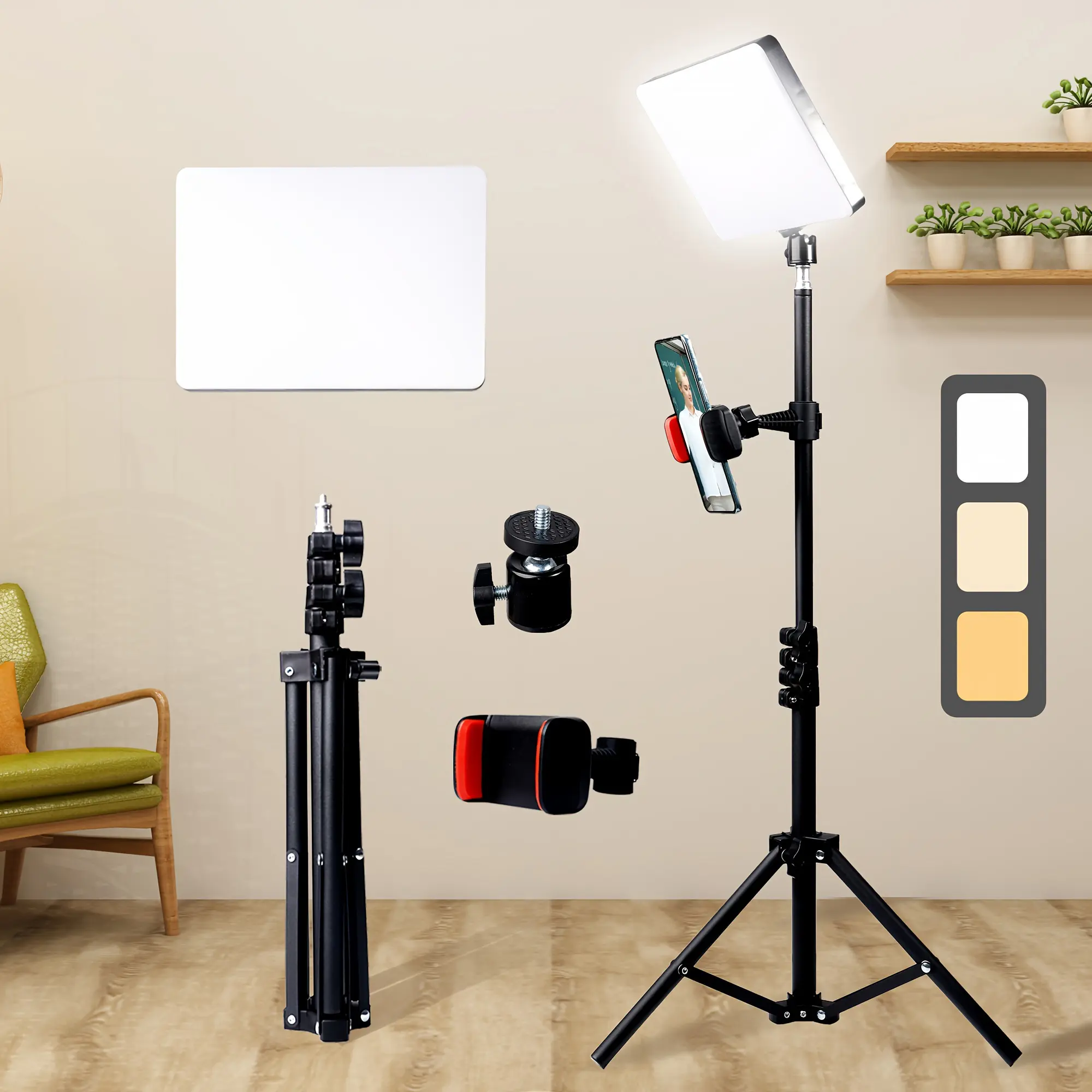 Lighting Kit, Featuring a 43.3-Inch Adjustable Tripod, a 10-Inch Square LED Fill Light, And Three Adjustable Color Options, Suitable for Video Recording, Photography Studios, Conference Selfies, And Live Streaming in Compact Studio Lighting Setups