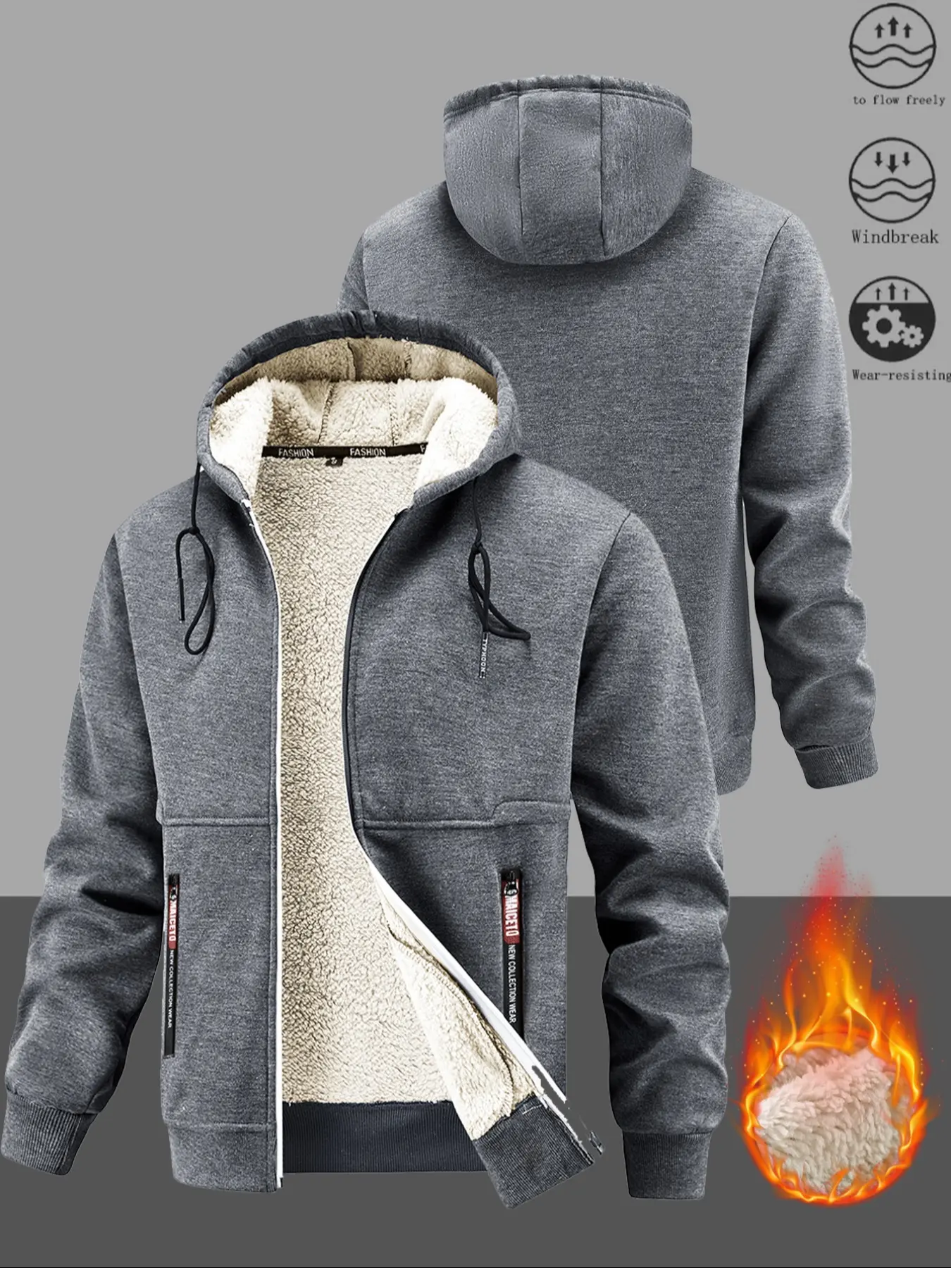 Men's Winter Sherpa Hooded Jacket, Thick Warm Zip-Up Hoodie, Casual Solid Color, 100% Polyester, Slight Stretch Knit Fabric, Loose Fit, Winter Clothing