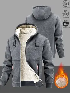 Men's Winter Sherpa Hooded Jacket, Thick Warm Zip-Up Hoodie, Casual Solid Color, 100% Polyester, Slight Stretch Knit Fabric, Loose Fit, Winter Clothing