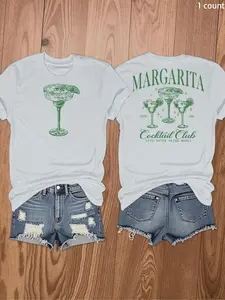 Women's Cartoon Margarita Print Round Neck Tee, Casual Short Sleeve T-shirt for Daily Wear, Ladies Sportswear for All Seasons, Top