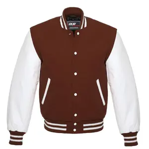 Letterman Varsity Jacket Wool & Real Leather Dark Brown/White Collar Knit Menswear
