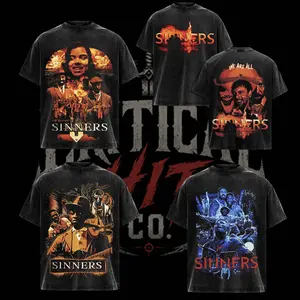 [Collection] Sinners Movie Vintage Washed Oversized T-Shirt, Horror Thriller Graphic Tee, We Are All Sinners Double Sided Shirt, Heavyweight Cotton Retro Film Streetwear, Dark Gothic Aesthetic Unisex Washed Tee, Horror Movie Fan Gift