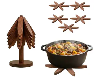 4Pcs Walnut Wood Tree Trivets with Stand Foldable Christmas Tree Design Heat Resistant Hot Pot Holders for Kitchen Dining Table Countertop Protection