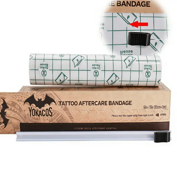 YOKACOS Tattoo Aftercare Bandage Roll with Easy Slide Cutter, Second Skin Transparent Waterproof Tattoo Wrap, Breathable Stretch Film for Fresh Ink Protection