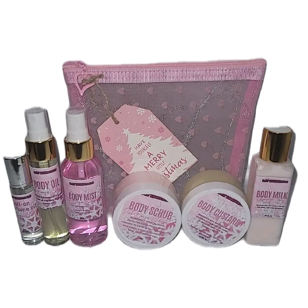 Pink Bougie Christmas Holiday Gift Set Body Care set 6 Sample Size Products Including Body Oil Mist Scrub Custard & More