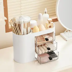 Makeup Organizer with Pop-Up Brush Holder for Dresser Vanity, Plastic Bathroom Counter Organizer with 3 Drawers & Dust-Proof Cover, Cosmetic Display Case for Lipstick, Skincare, White