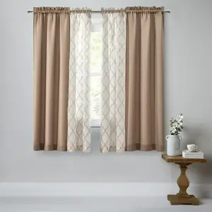 Rod Pocket Curtain Panel Set, Taupe, Sheer Trellis Overlay, Living Room Window Treatment