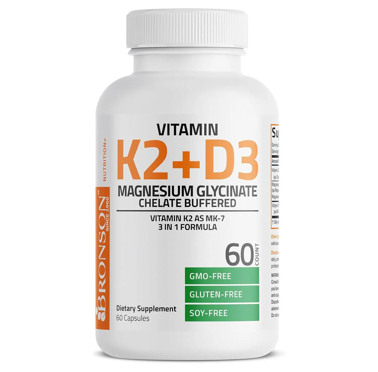 Bronson Vitamin K2+D3 Magnesium Glycinate Supplement, 60 Capsules | 3-in-1 Bone & Heart Health Support Formula, Non-GMO, Gluten Free, Soy Free