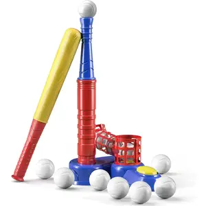 2 in 1 Tee Ball Set for Kids 3-8, Kids Baseball T-Ball Set with 10 Balls, Step on Pitching Machine, Batting Tee, Outdoor Sport Toy Games for 3-12 Year Old Boys Girls Toddler