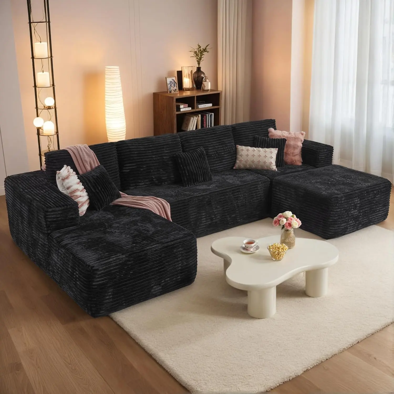 【Summer Vibes】MODMOOD 133" Oversized Modular Cloud Sectional Sofa Set with Ottoman - L/U-Shaped Boneless Sectional Couch, High-Density Foam Plush Corduroy Deep Seat Sofa Bed, No Assembly Required Apartment Sofas Living Room Furniture