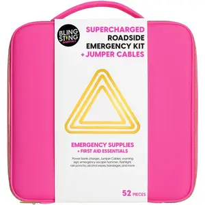 Supercharged Car Emergency Kit – 52-Piece Pink Roadside Safety Tools with Jumper Cables, Flashlight, Escape Tool & First Aid Essentials – Compact Travel Case for Women, New Drivers & Students