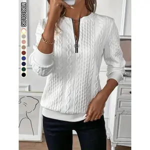 Women's Plain Textured Half Zip Up Sweatshirt, Casual Basic Fitted Knit Fabric Long Sleeve Round Neck Pullover for Fall & Winter, Ladies Clothes for Daily Wear, Clothes for Women, Tops for Women, Long Sleeves Essential Women's Wear