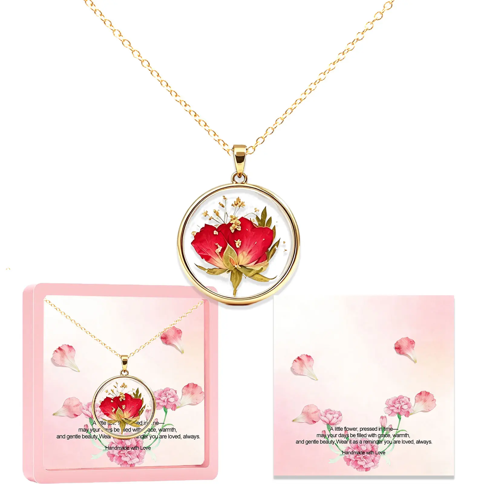 Handmade Carnation Pressed Flower Pendant Necklace With Pink Gift Box & Message Card Mother’s Day Gift