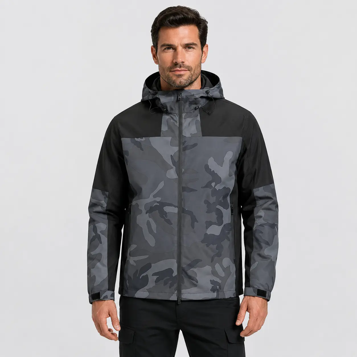 Men’s Camo Jacket with Hood, Gray Black Camouflage Full Zip Casual Outerwear with Adjustable Hood and Cuffs, Long Sleeve Jacket for Hiking, Camping and Spring Fall Daily Wear