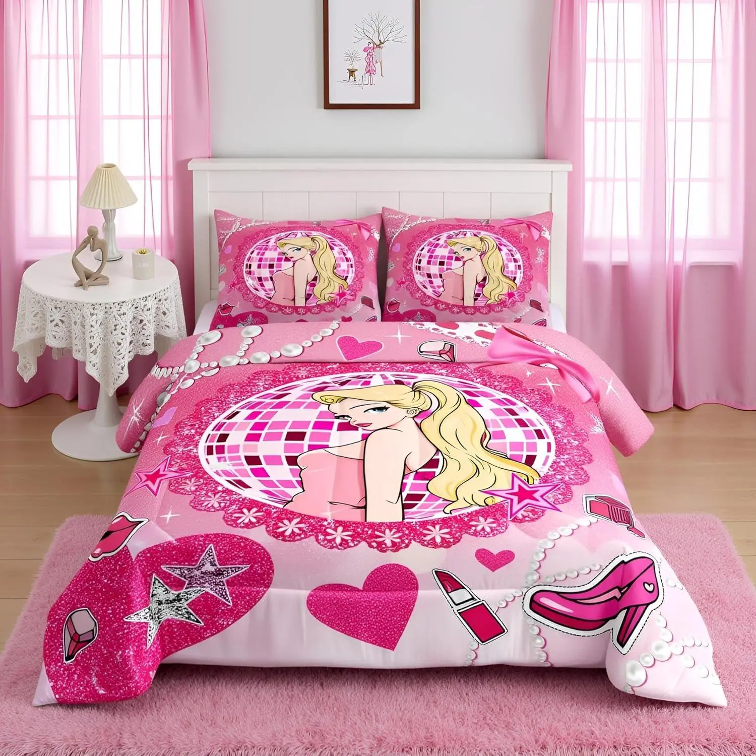 Pink Girly Princess Kids Comforter Set,High-heeled Shoes Lip Bowknot Romantic Bedding Set,Beauty Girls Room Decor,Glitter Sequin Diamond Down Comforter,Dreamy Duvet Insert