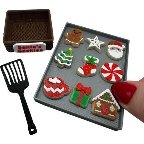 Mini 3D Printed Christmas Cookie Set- sheet, basket, gingerbread, peppermint, star, santa, gift, tree, stocking, hot cocoa, decor Decorative Seasonal Gift