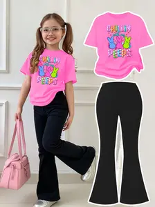 Easter 2PCS Girls Tshirt & Pants Set Chillin With My Peeps Print 100% Cotton Tshirt & 100% Polyester Bell Bottom Pants Ideal for Spring Summer Autumn