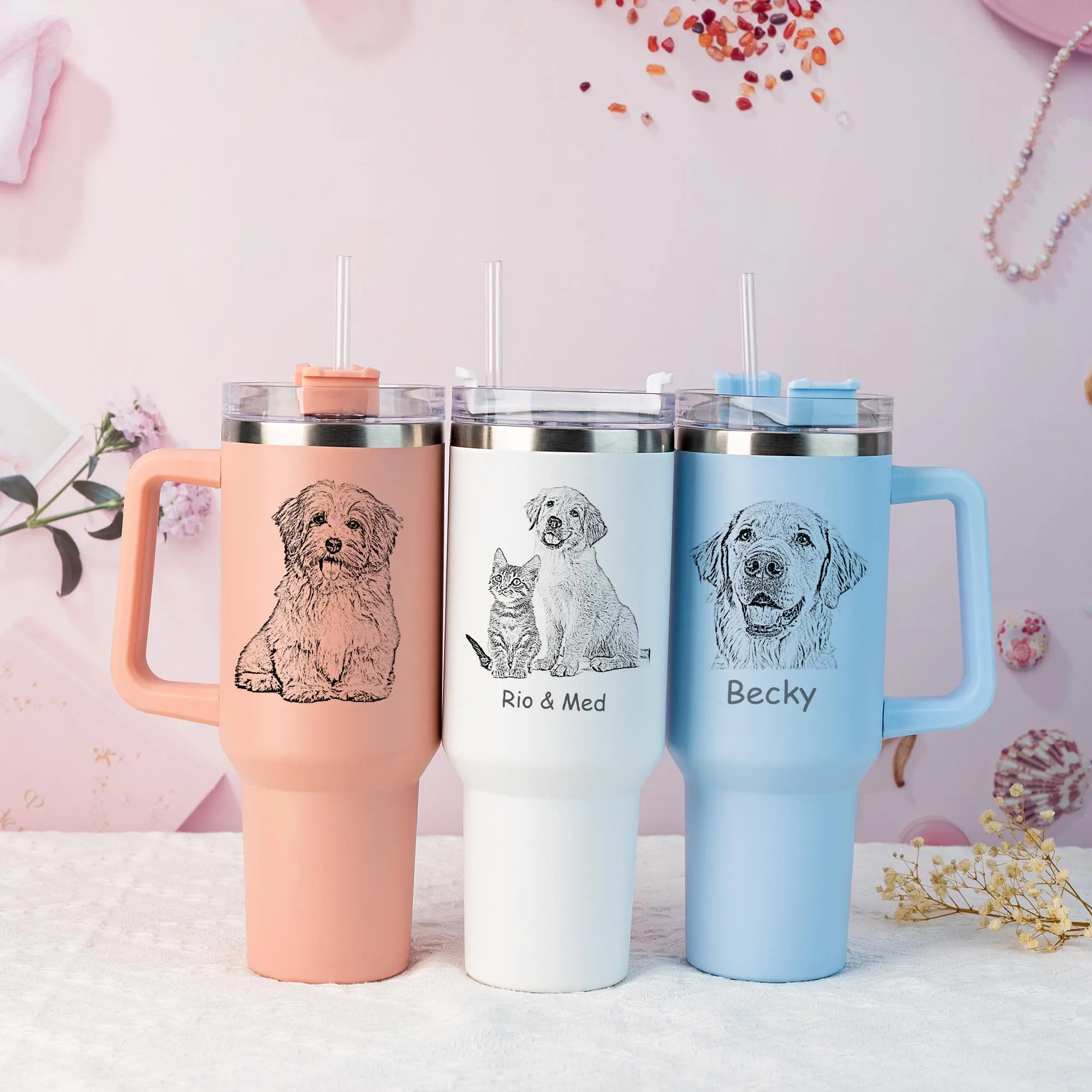 Personalized Pet Photo Tumbler, Custom 40oz Tumbler with Handle & Straw, Engrave Your Photo, Personalized Travel Cup, Gift For Dog Mom