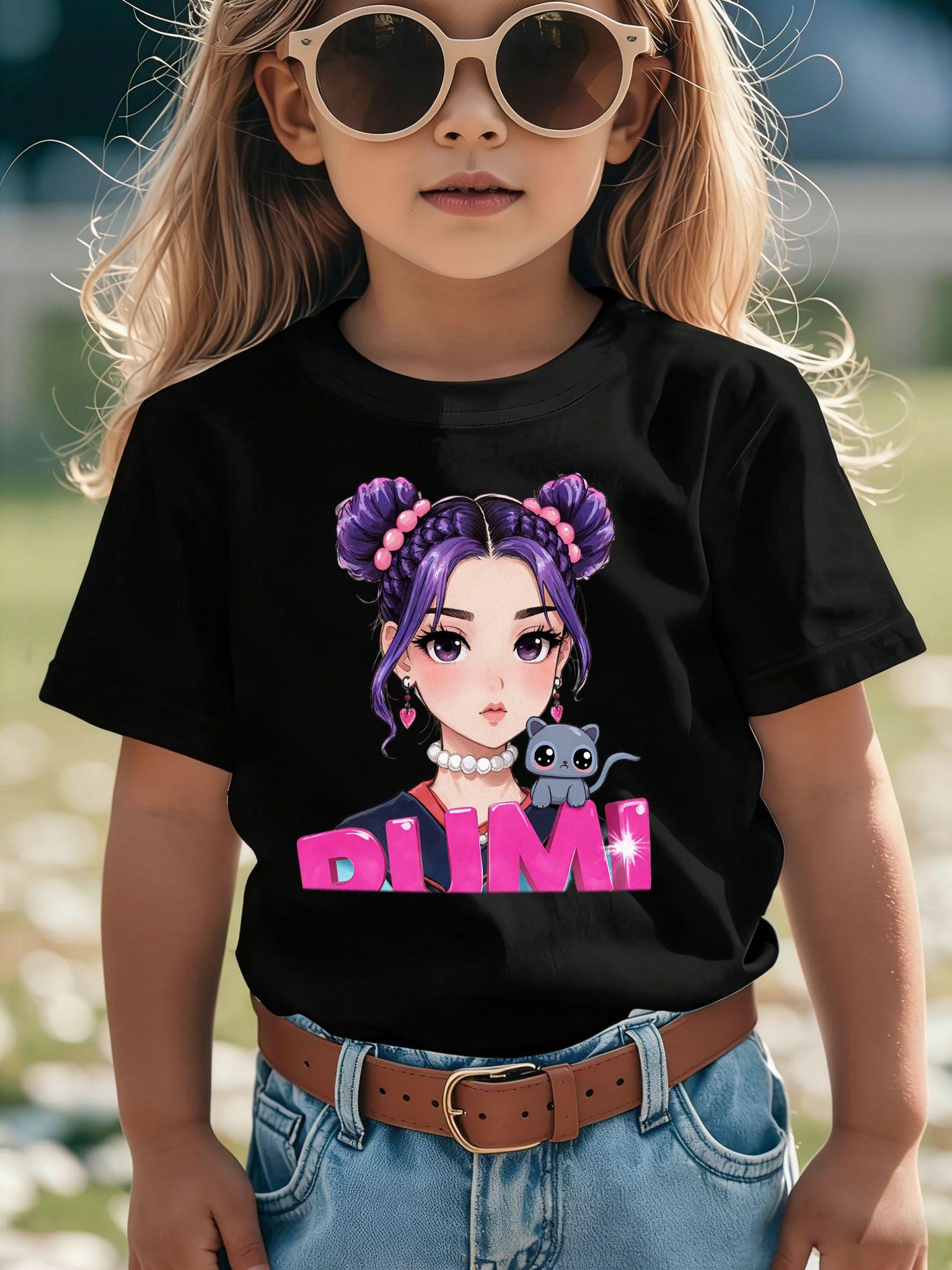 PUMI Anime Character White T-Shirt for Kids Girls - Cute Purple Hair Twin Buns Gray Cat Graphic Print Tee with Bold Pink Sparkle Letters - Soft Casual Crew Neck Summer Breathable Top - Trendy Youth Daily Wear Fashion Outfit - Perfect Birthda