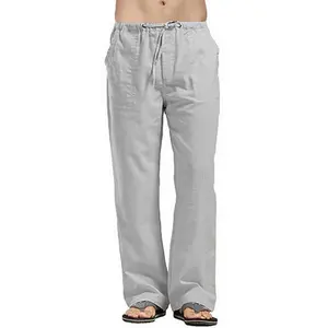 Men's elastic waistband cotton-linen pants with drawstring
