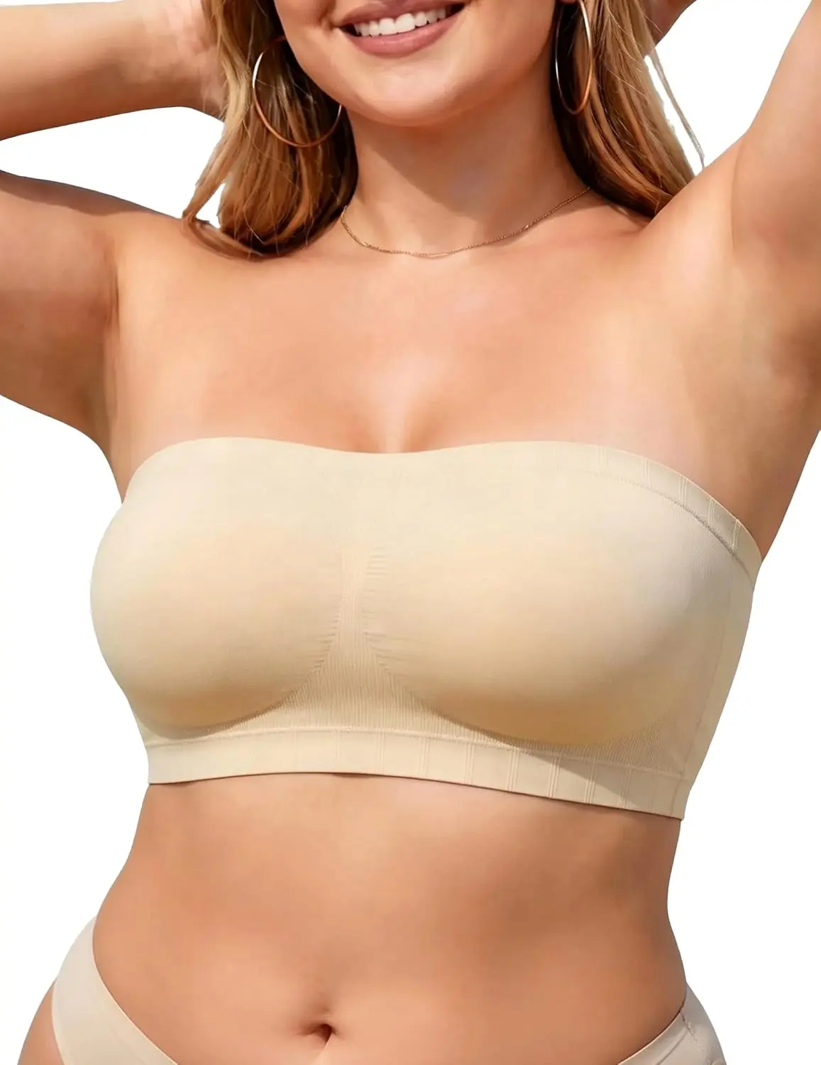PoseFree Women's Strapless Push-Up Shapewear Bra - Wireless Bandeau, Fixed Pads, Seamless, Anti-Slip, Compression Tube Top with Halter Matching Fit Padded Bralette, Modest