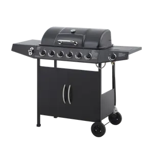 6 Burner BBQ Propane Gas Grill with Side Burner 59000 BTU Output Stainless Steel Barbecue Grill with Enamel-Coated Grates and Side Tables for Outdoor Cooking Kitchen and Patio Backyard.
