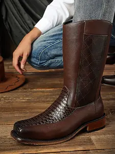Men's Long Western Cowboy Boot, Square Toe Fashion Casual Denim Rubber Boots, Stylish High-Quality Footwear for Everyday Wear & Outdoor Activities
