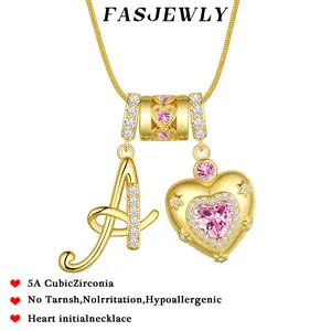 Fasjewly Art Design Letter Necklace Gold 3-Layering Initial A-Z Letter Necklace for Women Fashion Pink Heart Zircon Adjustable Length Necklace Exquisite Gift Accessories Christmas Gift
