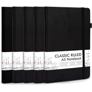 5 Pack Journal Notebook Bulk for School, Hardcover Business Notebooks Classic Ruled Lined Journals with Pen Holder for Work Note Taking, with 5 Black Pens, 120 GSM, 5.1”x8.3”, A5, Black