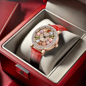New High-end Color Diamond Rotating Large Dial Trendy Fashion Red Leather Strap Ladies Quartz Watch