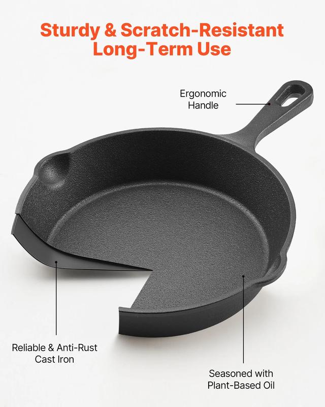 VEVOR Cast Iron Skillet, TikTokShopBlackFriday, 3-Piece Frying Pan Set (6, 8, 10 in), Heavy-Duty Skillets with Heat-Resistant Handle, Pre-Seasoned Chef's Pan, Kitchen Cookware, for Oven, Gas, Electrical, Induction, Black