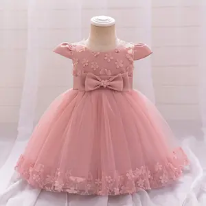 0-2Y Dark Pink 2036 Anniversary Baby Girls Clothes Infant Birthday Cocktail Bow Floral Ball Gown Dress Toddler Pageant Newborn Ball Gown Princess Baptism Frock